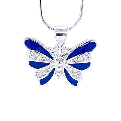 Zawieszka srebrna motyl z niebieską emalia i cyrkoniami