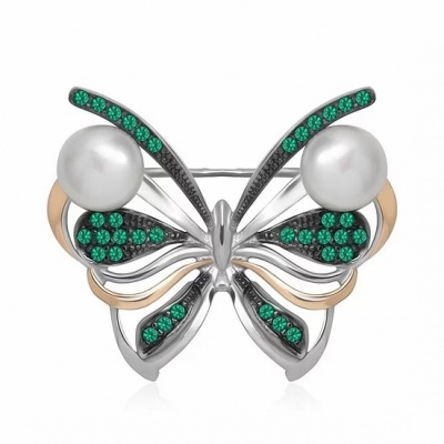 Broszka motyl z perłami i zielonymi cyrkoniami