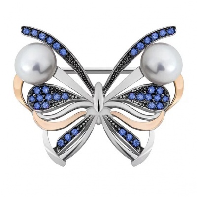 Broszka motyl z perłami i niebieskimi cyrkoniami